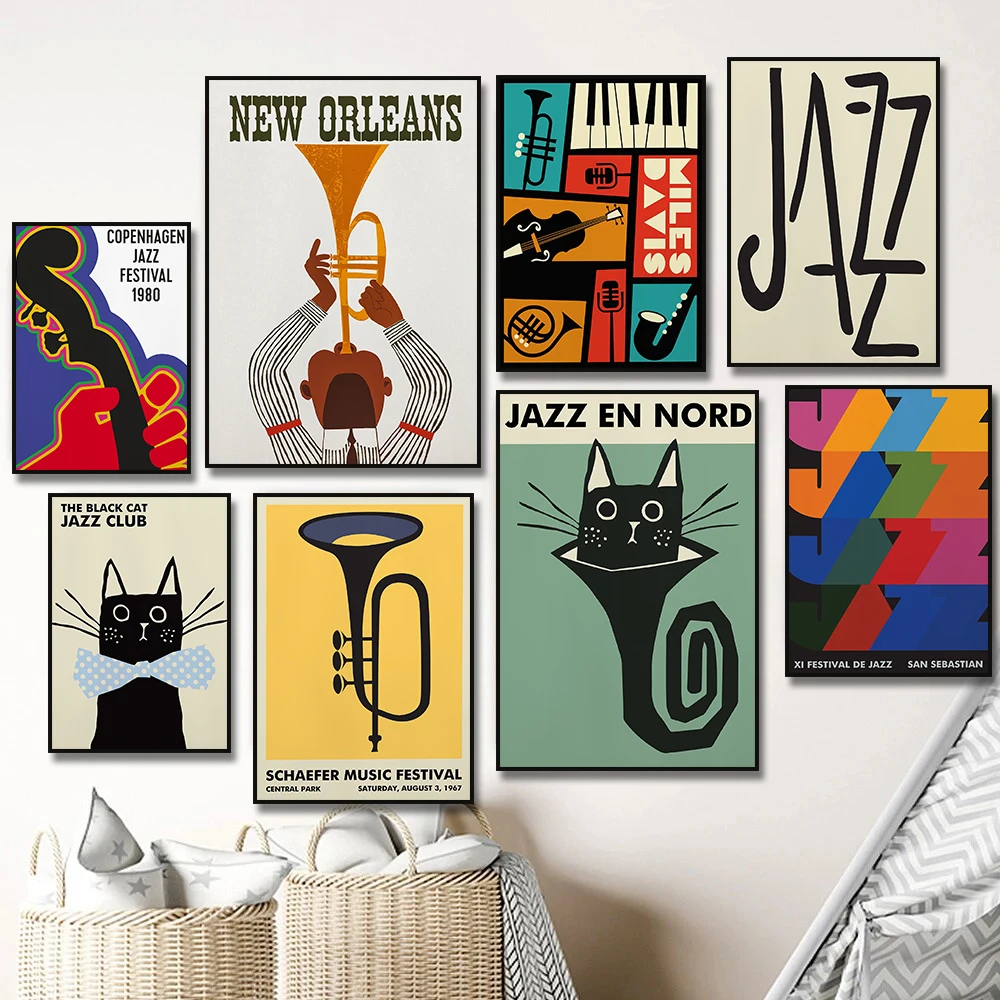 (No frame)Music Jazz Festival Saxophone Instrument Black Cat Art Posters Canvas Painting Wall Prints Picture Room Home Decor