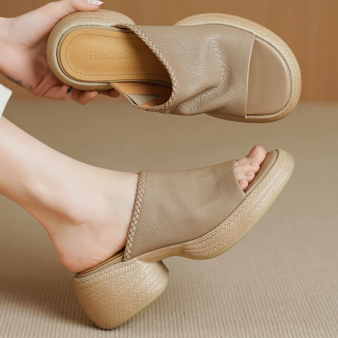 

danxuefei women's sheepskin open toe summer slides sandals 6.5cm chunky heel platform female casual sndalias shoes for woman hot