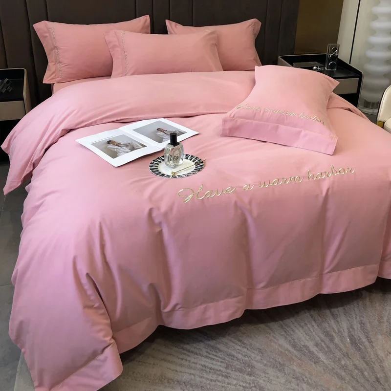 Spring and Autumn All Cotton Polished Four Piece Set 100 Pure Cotton Thickened and Warm Solid Color Quilt Cover Sheet