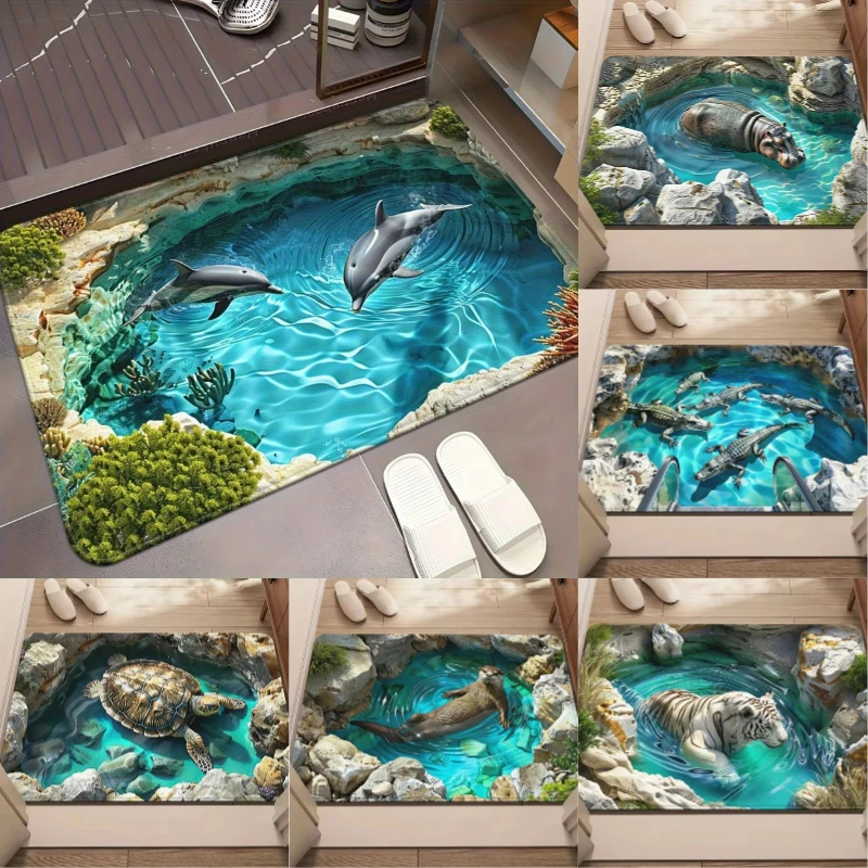 3D Ocean Paradise Fußmatte mit Delfin-, Krokodil-, Nilpferd- und Tigermuster, rutschfeste Eingangsmatte, Wildtier-Bodenteppich, Wohnzimmermatte