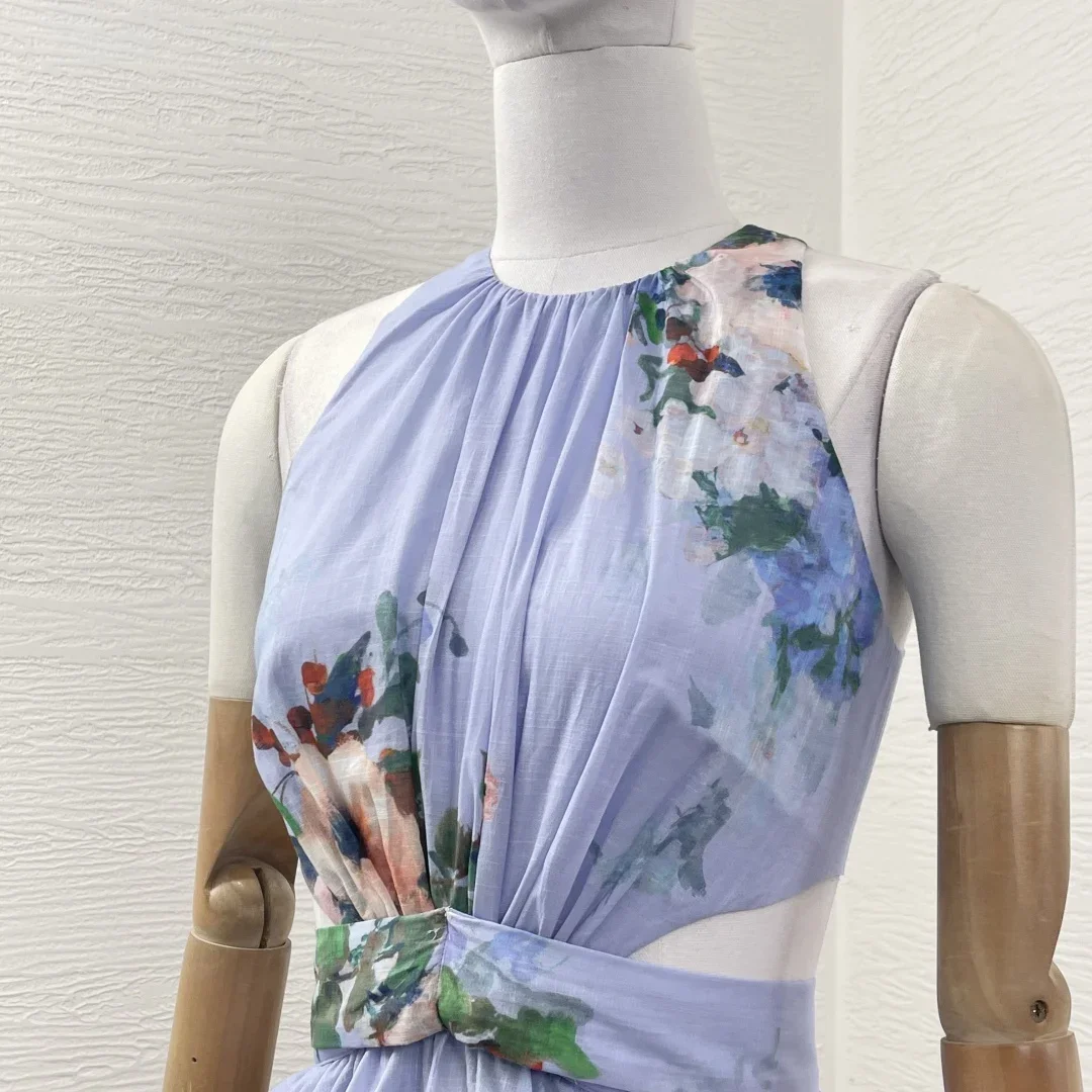 Sukienki damskie Niebieski kwiatowy wzór Bez rękawów Wycięty tył Plisowana sukienka midi