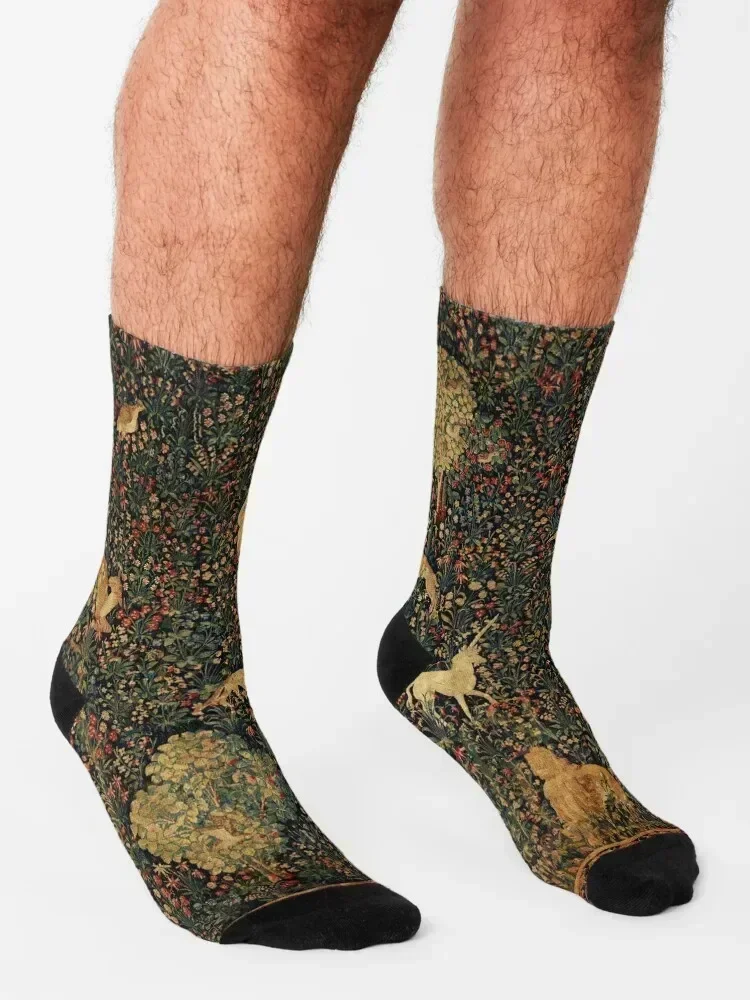UNICORN AND MEDIEVAL BESTIARY Millefleurs Red Green Floral Tapestry ,Forest Animals, Socks shoes aesthetic Socks Women Men's