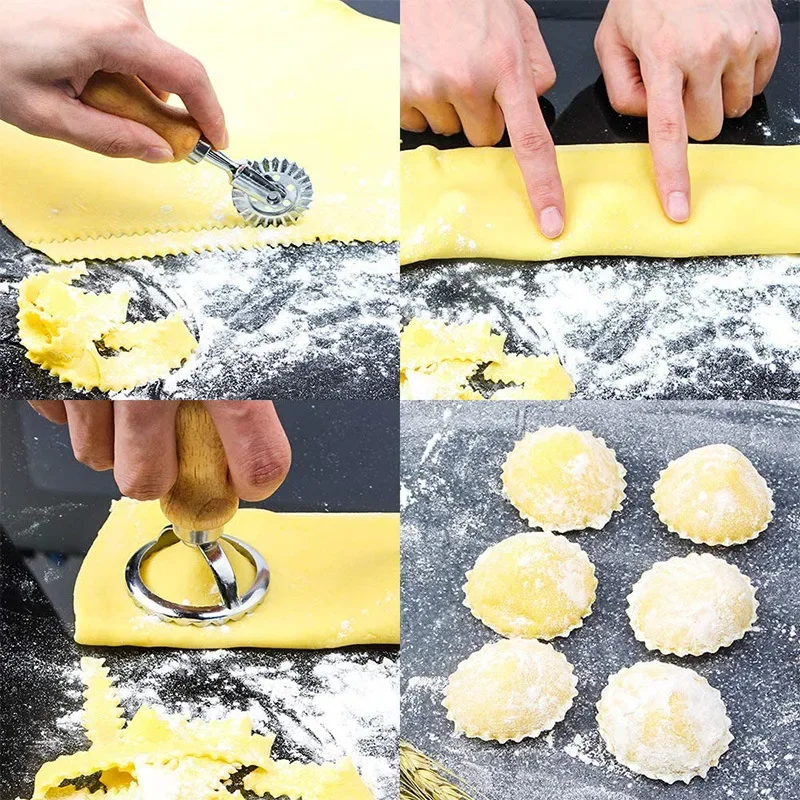 Manual Pasta Cookie Molds Ravioli Cutter Cookie Press Mold with Wooden Handle Kitchen Baking Tool for Dumplings Lasagna Pierogi