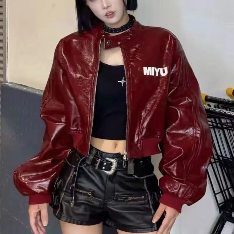 American Pu Crop Coats Women Y2K Loose Streetwear Letter Patches Motorcycle Jacket Autumn Hot Girl Leather Outerwear Mujer