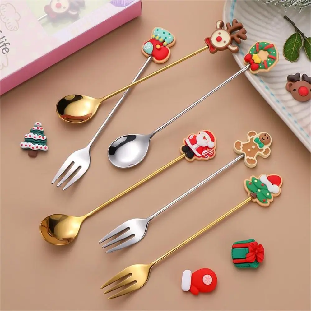 

Stainless Steel Christmas Spoons Forks Set Gold Silver Multifunctional Dessert Fork Elk Christmas Tree Gingerbread Man