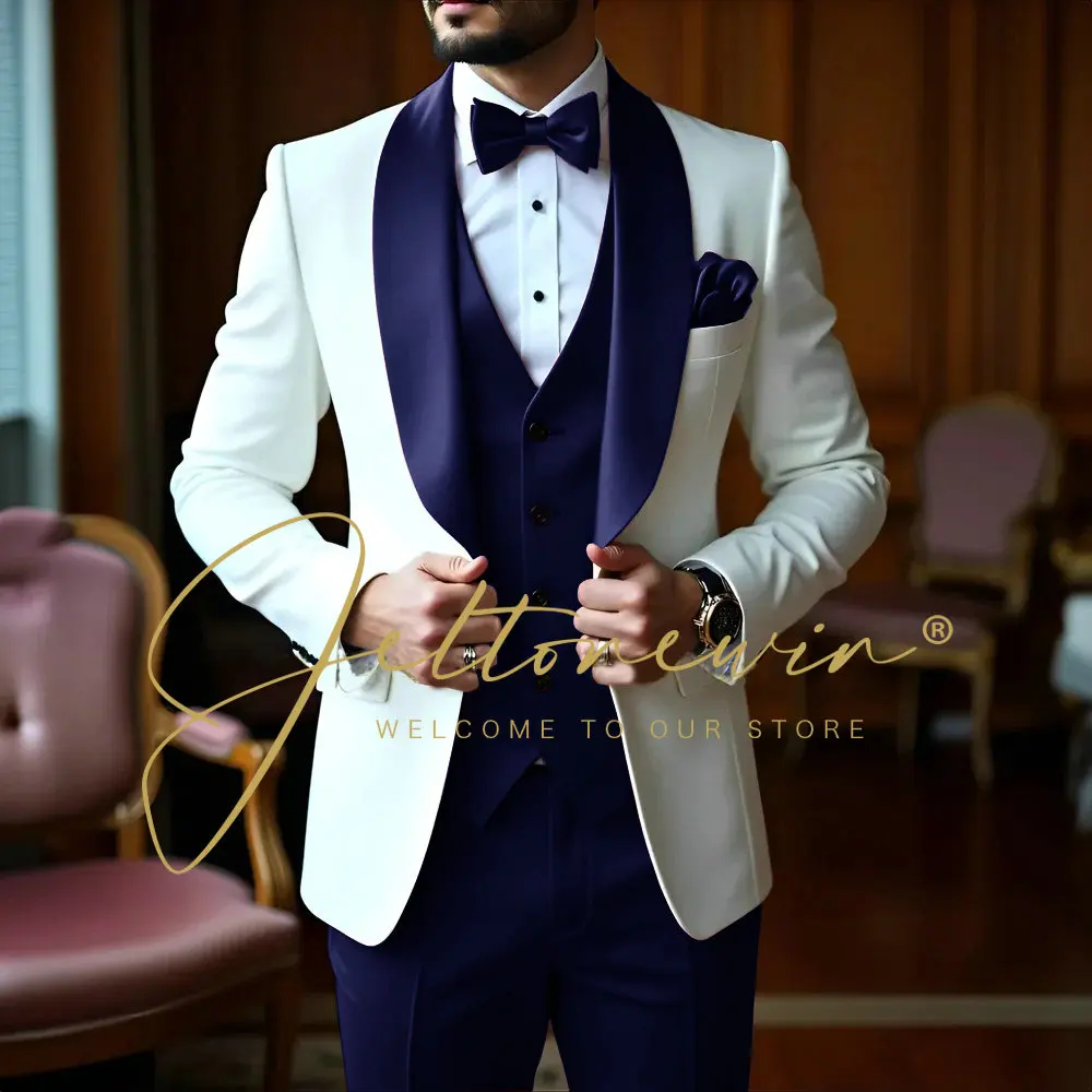 Trajes blancos De 3 piezas para Hombre, chal ajustado con solapa, ropa Formal para padrino De boda, conjuntos con americana, esmoquin para fiesta, Trajes De Hombre