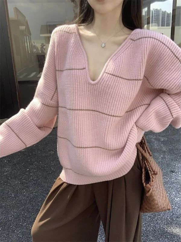 

Loose Long Sve V-Ne Striped Knitwear Women's Sle Autumn Winter New Arrival Slimming Effect Cover Belly Top irt