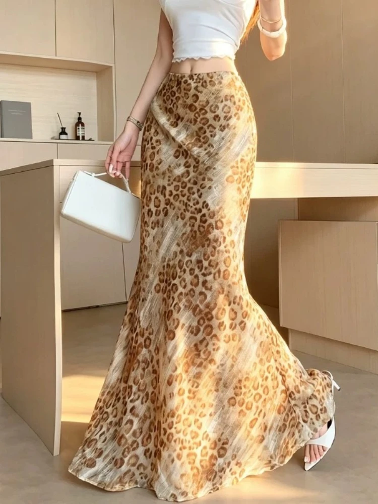 Skirt Vintage Leopard Chiffon Summer High Waist A Line Slimming Elegant Versatile Draping Stunning Trendy Mermaid Long Dress