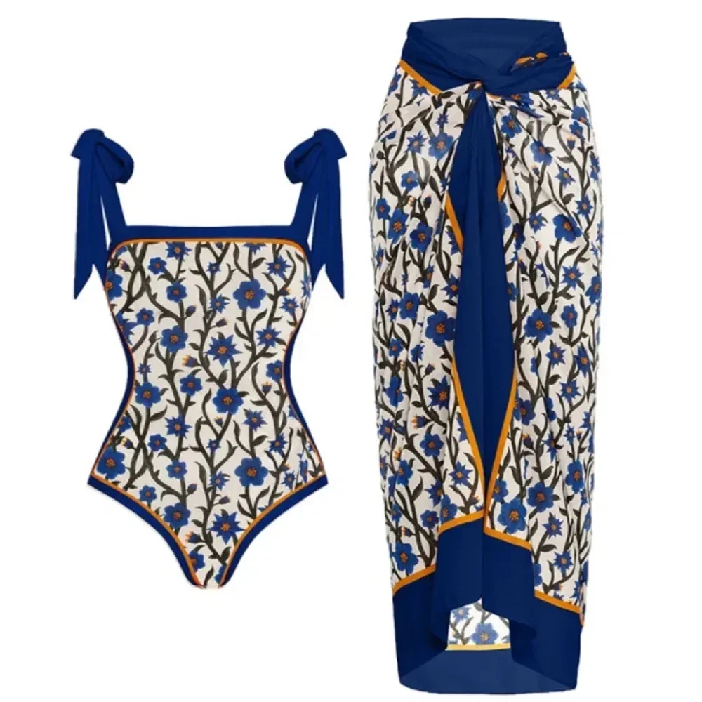 

2024 New 2PC Print Retro Swimwear Push Up Playa Women's Swimsuit One Piece Bodysuit Patchwork Bathing Suit Pads Female Set
