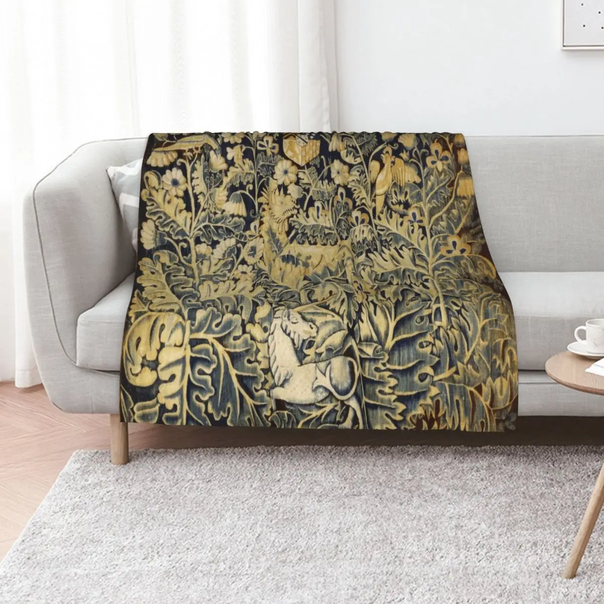 

UNICORN, DRAGON ,BIRDS,ANIMALS AMONG CABBAGE LEAVES ANTIQUE GREEN FLORAL TAPESTRY Throw Blanket Camping decorative Blankets