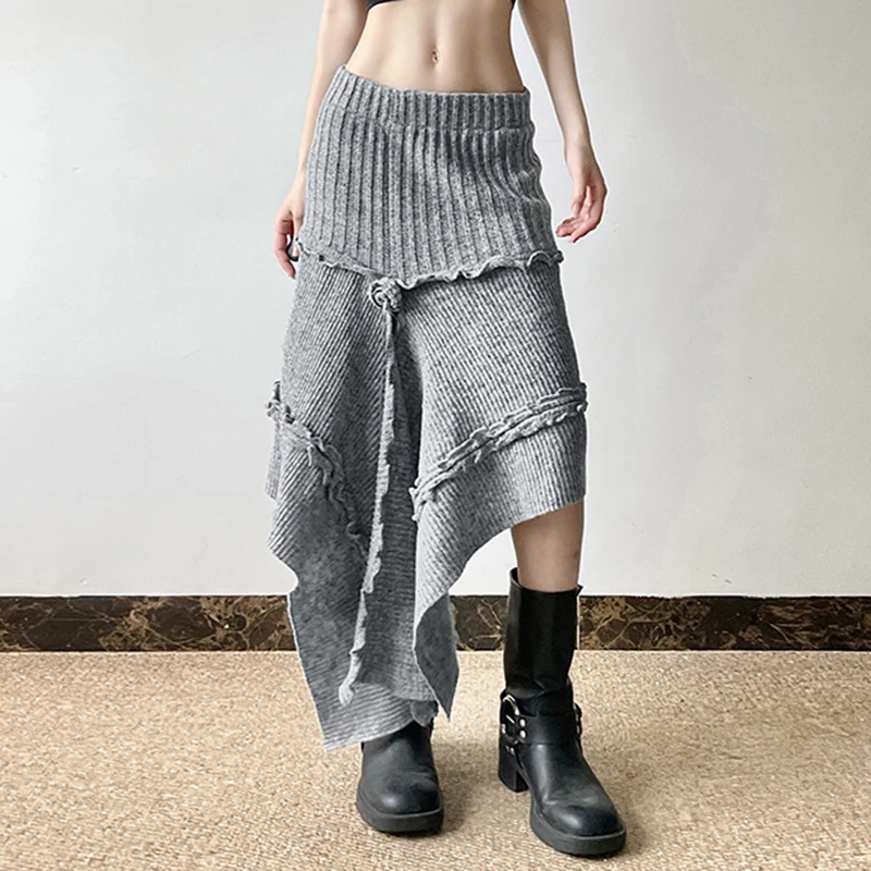 MEXZT Y2K 花ニットミディスカート女性ヴィンテージ原宿非対称スカート冬のセクシーなギャルグランジデザイン A ライン段段新