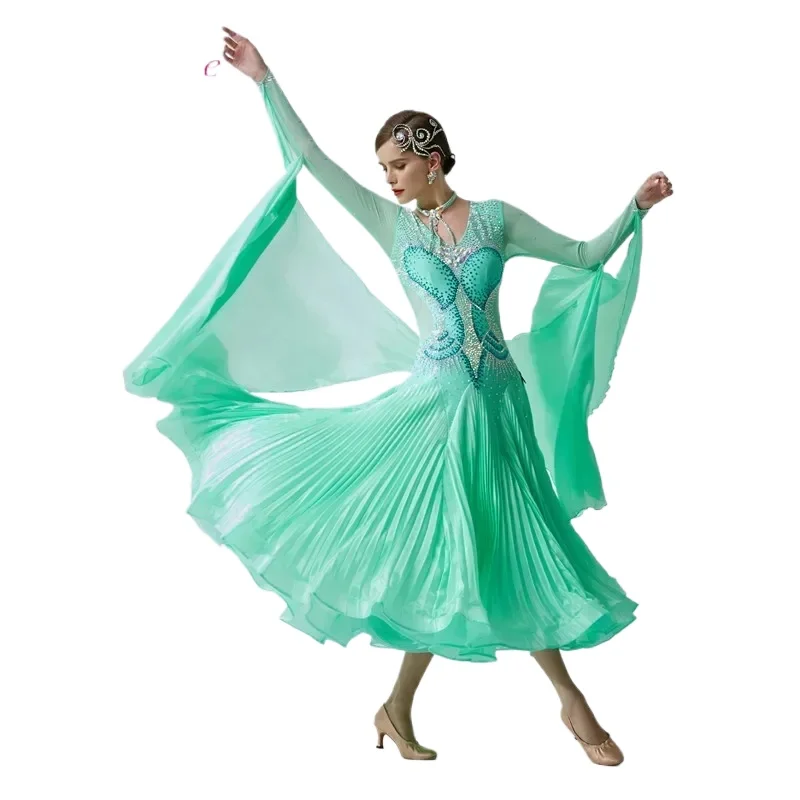 Young Girls Dresses National Standard Modern Ballroom Dance Wear, Dress with Folds of Pearl Silk