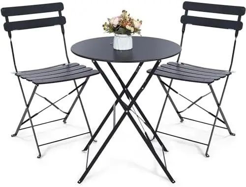 Outdoor 3 Piece Patio Bistro Set, Folding Bistro Table and Chairs Set of 2, Space Saving, Foldable Coffee Tables for