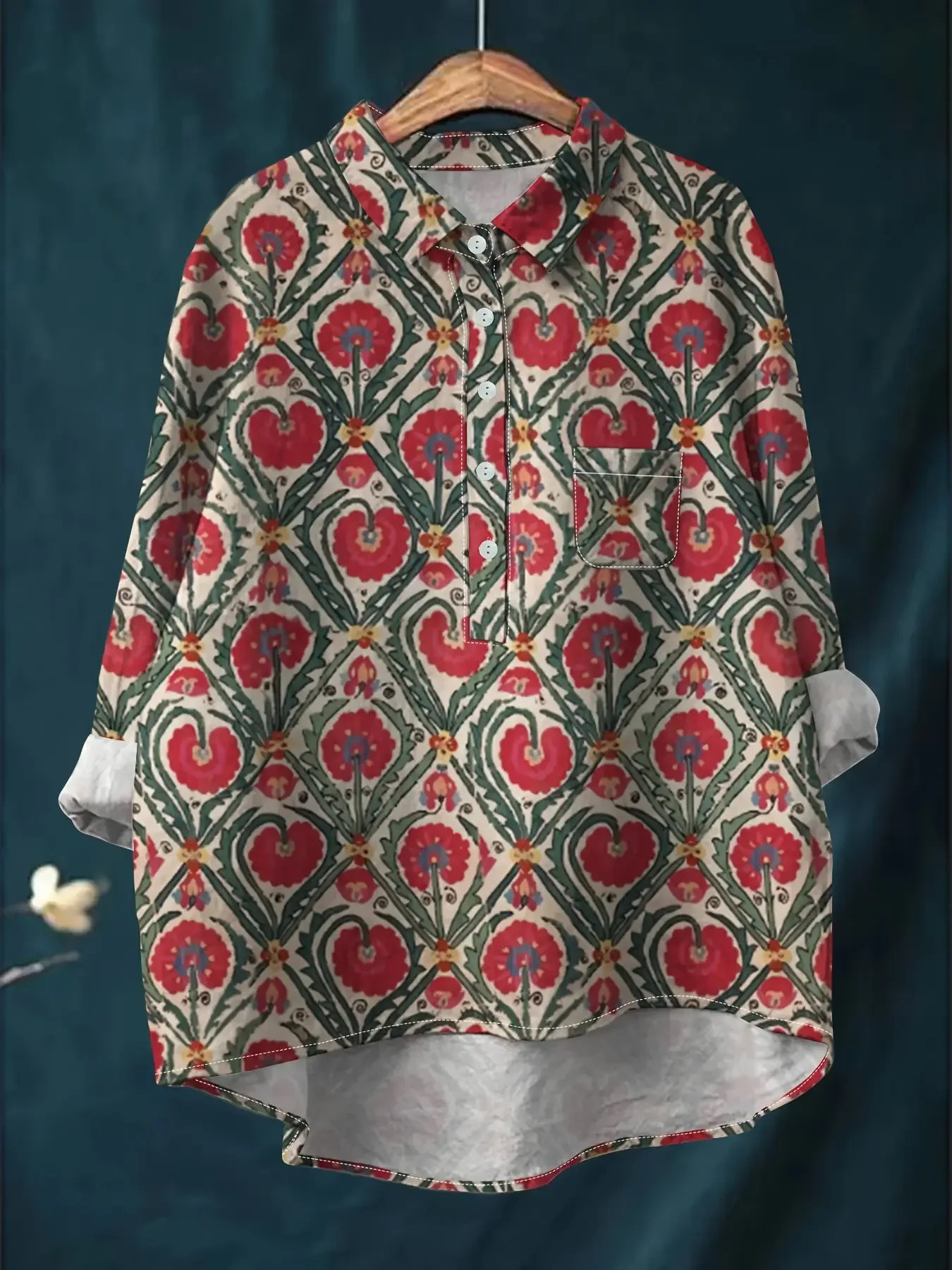 

New women's casual loose fit floral printed button up shirt - Red fruit print, originales marcas2026