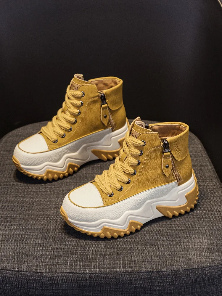 

Trendy Thi Bot High Top Dad oes Women's Casual Sneakers Student Autumn Sle Versatile Comfortable Leather Footwear