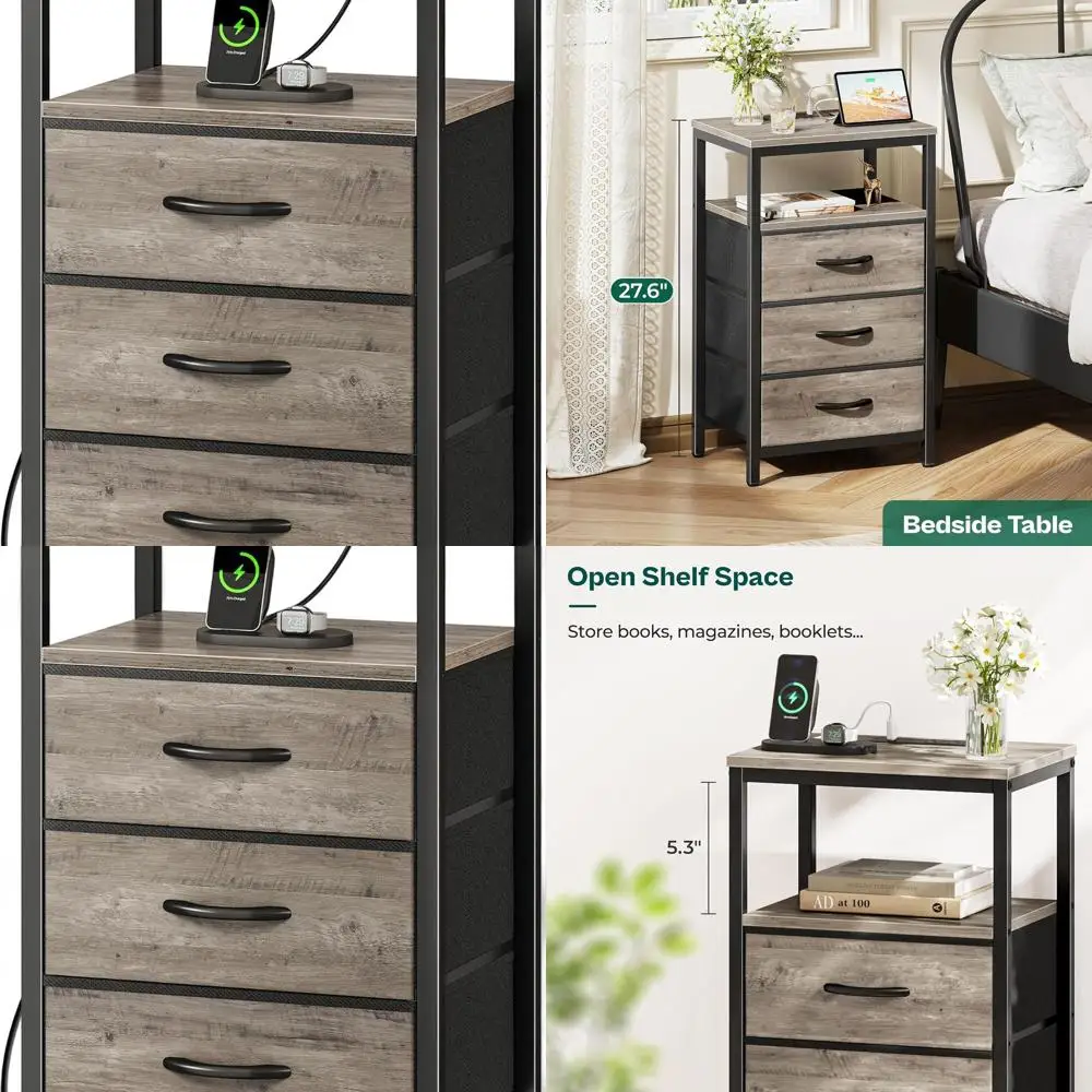 

Oak 27.6 Bedroom Nightstand with USB & Outlet Charging, Fabric Drawers End Table