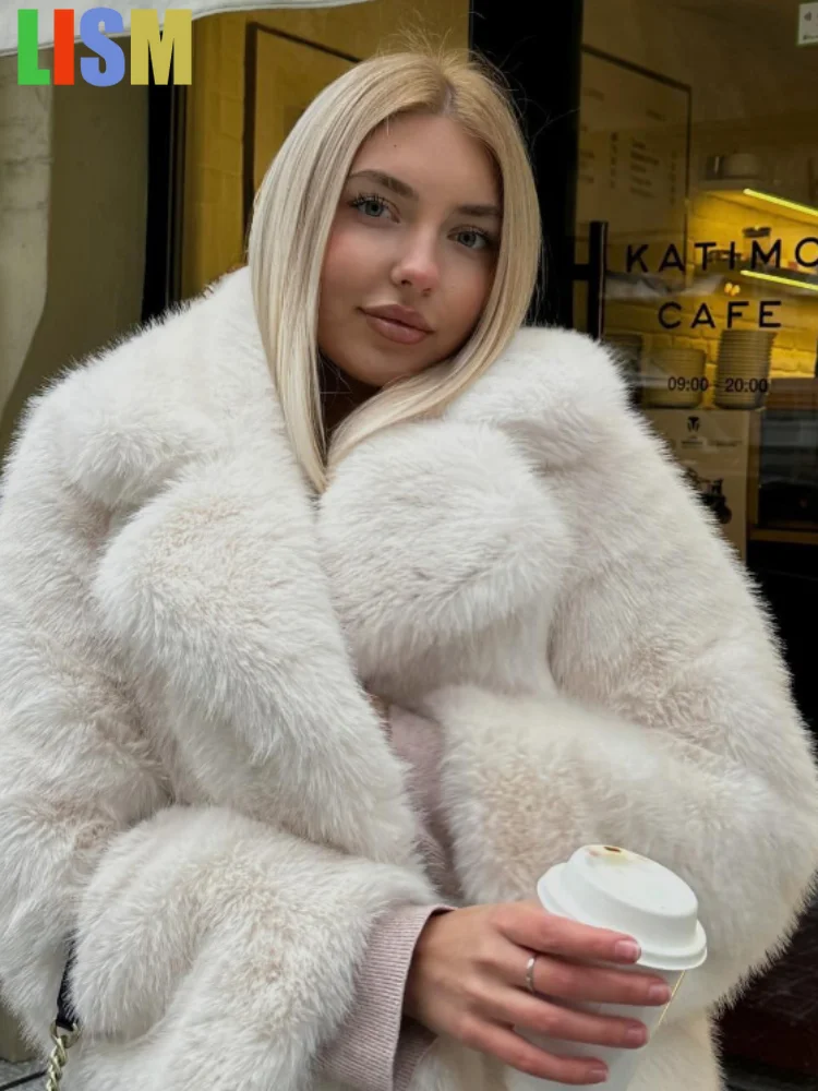 

LISM Female 2025 Winter Thicken Faux Fur Coats For Women Warm Turn Down Collar Coats Chic New Loose Jacket Street Tops
