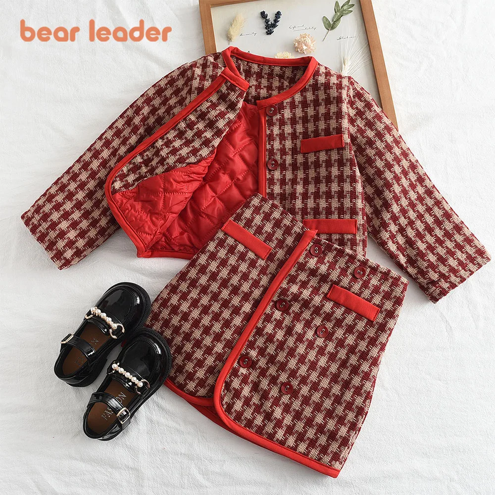 

Bear Leader Girls' Set 2025 Autumn New Round Neck Plaid Print Long Sleeve Coat+Short Skirt 2-Piece Thickened Children's Set