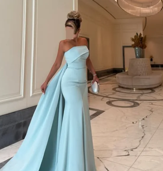 Vestidos de noche sin tirantes personalizados de alta calidad hasta el suelo con cola de corte plisado sin mangas azul فساتات 3).