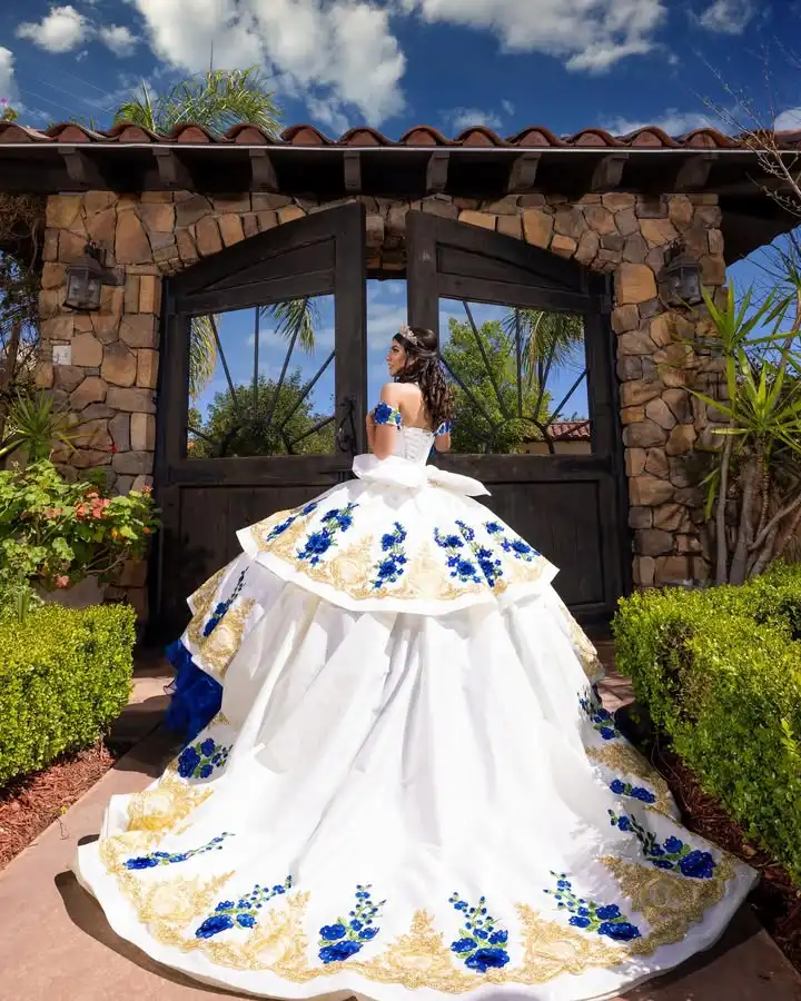 Customized Vintage Gold Applique Quinceanera Dress Edges Layered Vestidos De 15 Anos Blue Ball Gown xvaños image 2