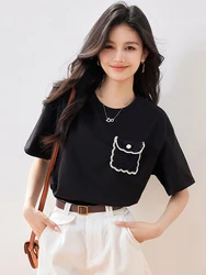 Summer New Short Sleeved Top Women Korean Fashion Loose Casual Lazy Style Niche Design Round Neck T-shirt