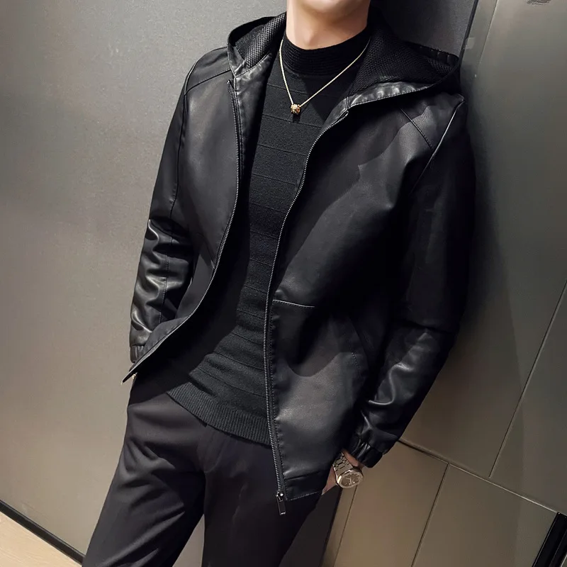 

Мужская кожаная куртка-косуха Slim Fit с капюшоном из натуральной кожи для осени и зимы, повседневная, для мотоциклистов