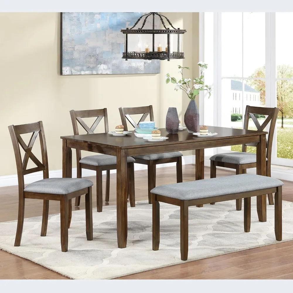 

6-Piece Dining Set with 4 Upholstered Dining Chairs and Bench, Acacia Wood Kitchen Table Set for 6 People, 58.5" Rectangular Wo