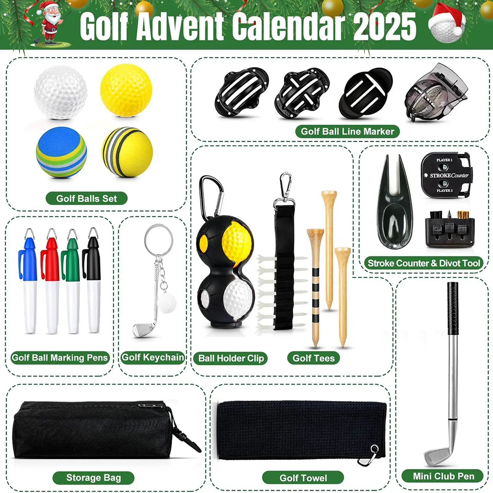 

Рождественские приключенческие спортивные украшения для гольфа, 24-дневный календарь обратного отсчета, аксессуары для гольфа для энтузиастов, игроков, коллекционеров, игроков в гольф