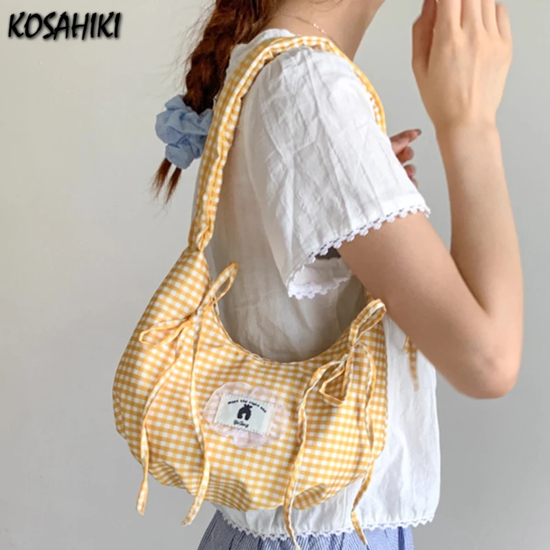 

Women Sweet Y2k Aesthetic Plaid Shoulder Underarm Bag Fashion Chic Pleated Bow Crossbody Bags Casual Kawaii Purses and Handbags
