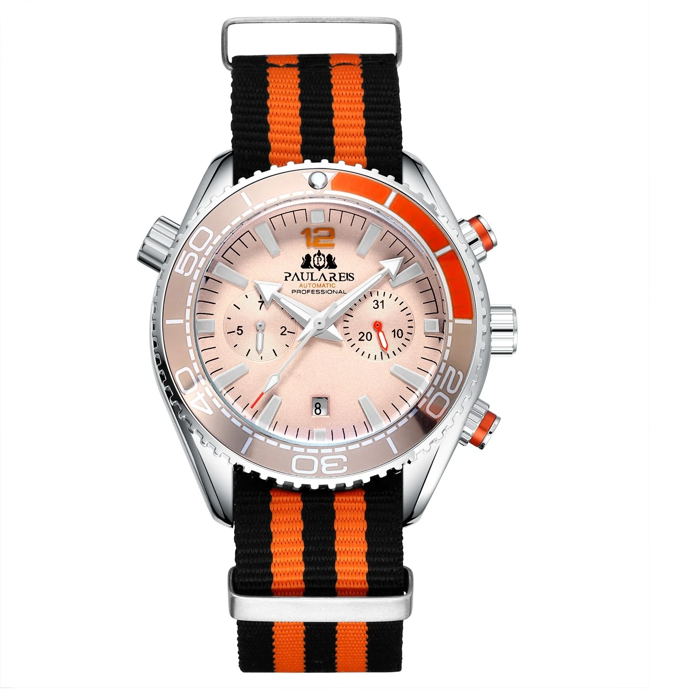

Автоматические механические мужские часы с автоподзаводом, оранжево-черные, с тканевым ремешком, многофункциональные, модные, 45 мм