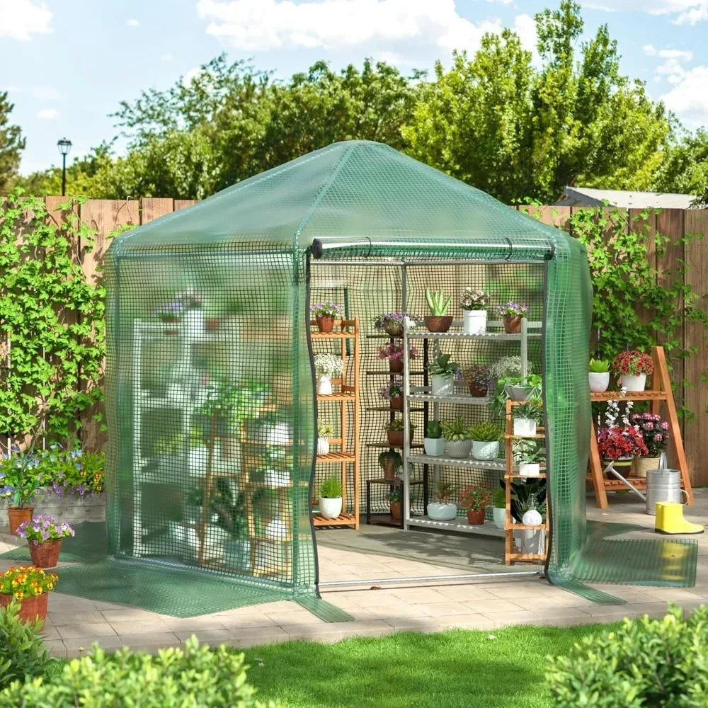 

9.4x9.4x8.2 FT Outdoor Greenhouse,Walk-in Heavy Duty Metal Green House with 180g Double Layer PE Cover,Middle Size.