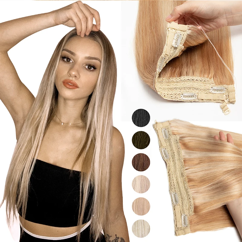 Invisible Wire Line Clip in Human Hair Extensions One Piece Straight Blonde Natural Hair Extensions 12