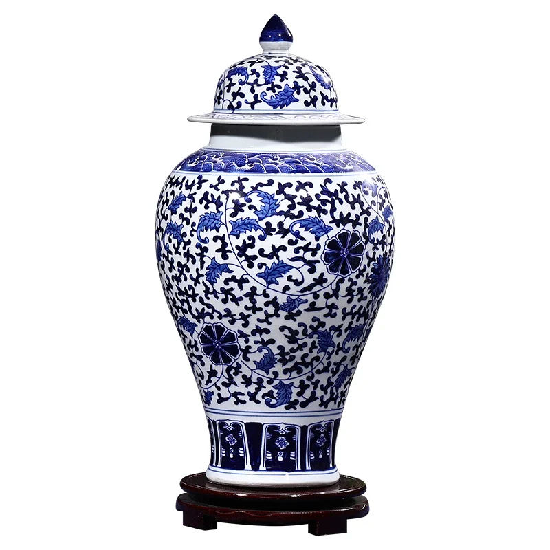 Vase ceramic new floor-to-ceiling blue and white porcelain large-capacity jar retro with lid suitable for study bedroom ornament