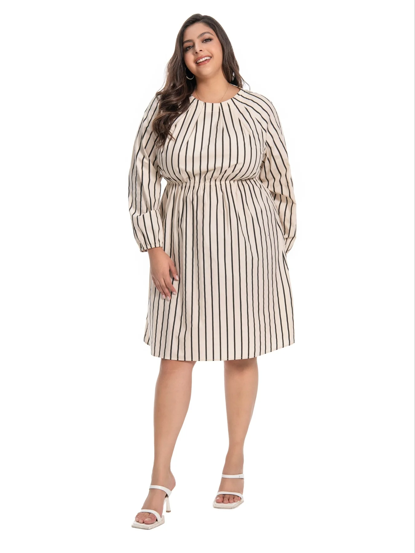 Sukienka koszulowa w paski plus size damska z długim rękawem, midi, z paskiem, do pracy biurowej, darmowa wysyłka
