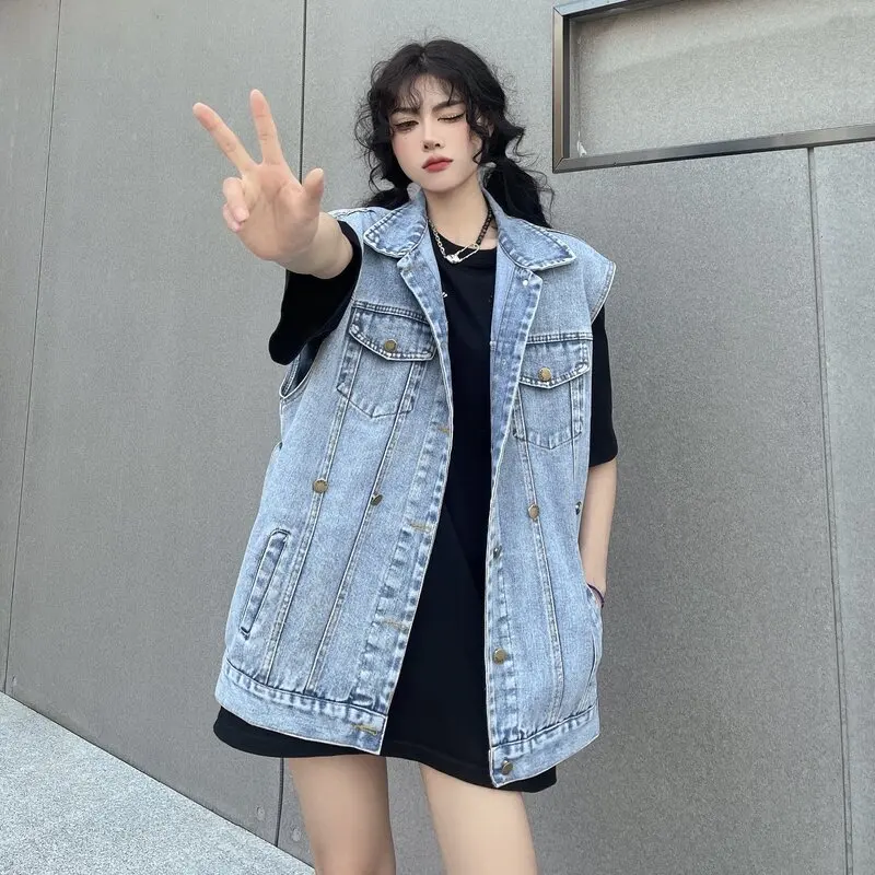 

Denim Vest Women Turn Down Collar Single Breasted Sleeveless Loose Casual Waistcoat Spring Autumn Solid Jean Outerwear