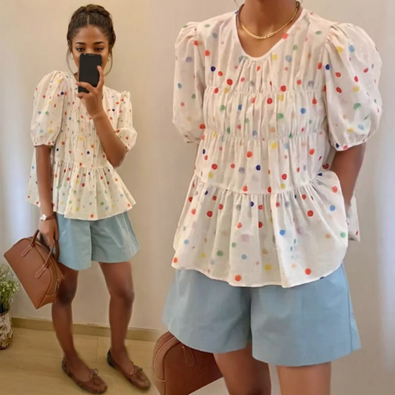 Summer Multicolor Polka Dot Printing Short Sleeve Blouse New Fashion Women Loose Casual Shirt Ladies Pleated Ruffled Tops 32