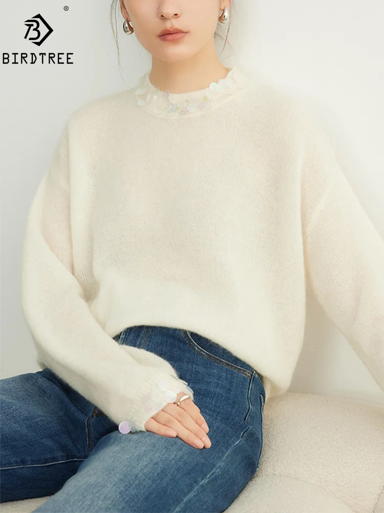 

BirdTree, Mohair Wool Elegant Sweaters, Women Long Sleeve Sequined, OL Fashion Loose Pullover, 2024 Autumn Winter Top T48465QM