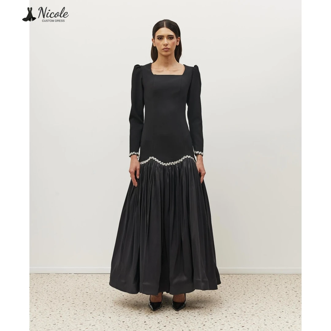 فساتين سهرة نيكول دبي Luxury2025Black بياقة مربعة فستان حفلات فاخر مصنوع حسب الطلب فستان نسائي أنيق بأحجار الراين