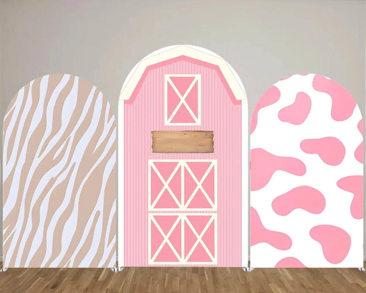 

Pink Barn Arched Wall Background Farm Filed Brown Milk Cow Baby Kids Birthday Round Top Cover Backdrops Photo Studio