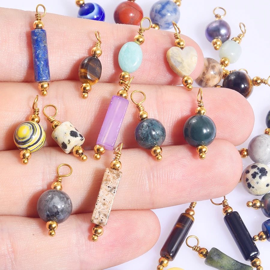 6pcs Colorful Natural Stone Stainless Steel Gold Color Round Beads Pendant Waterproof DIY Bracelet Necklace Key Chain Accessory
