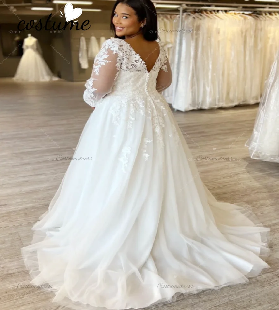 أنيقة حجم كبير بوهو فستان الزفاف متعرج كم طويل الدانتيل تول البوهيمي فستان زفاف 2026 مثير الخامس الرقبة عارية الذراعين فستان عروس #2