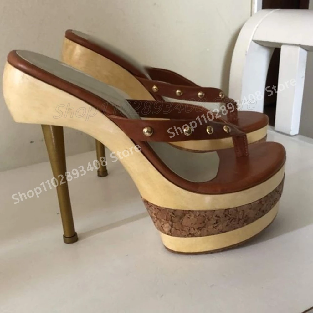 

Brown Sexy Rivets Flip Flops Slippers Platform Hot Girl Sexy Slip Stiletto High Heel Fashion Women Shoes 2025 Summer Para Mujere