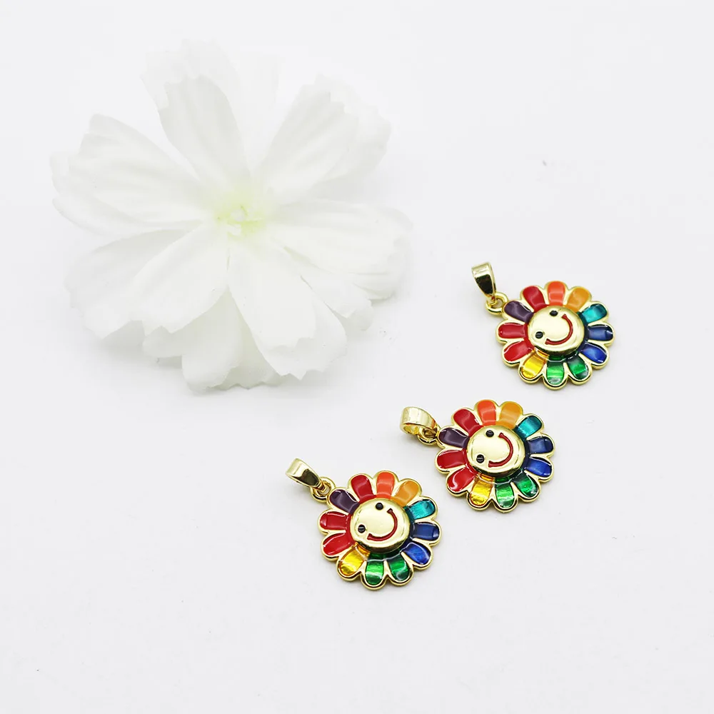 2-Pack Rainbow Smiley Sunflower Pendants DIY Beading Bracelet Necklace Cartoon Drip Oil Jewelry Charms view 4