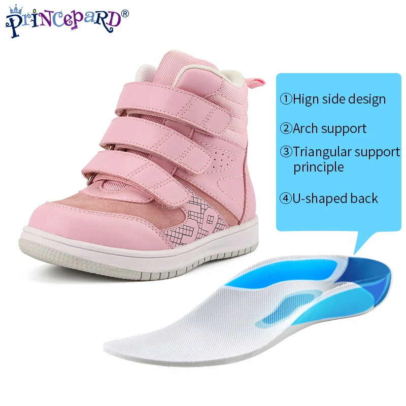 Princepard Botines para niñas y niños, zapatillas ortopédicas para niños con plantillas de soporte para el arco, zapatos de cuero rosa y gris para