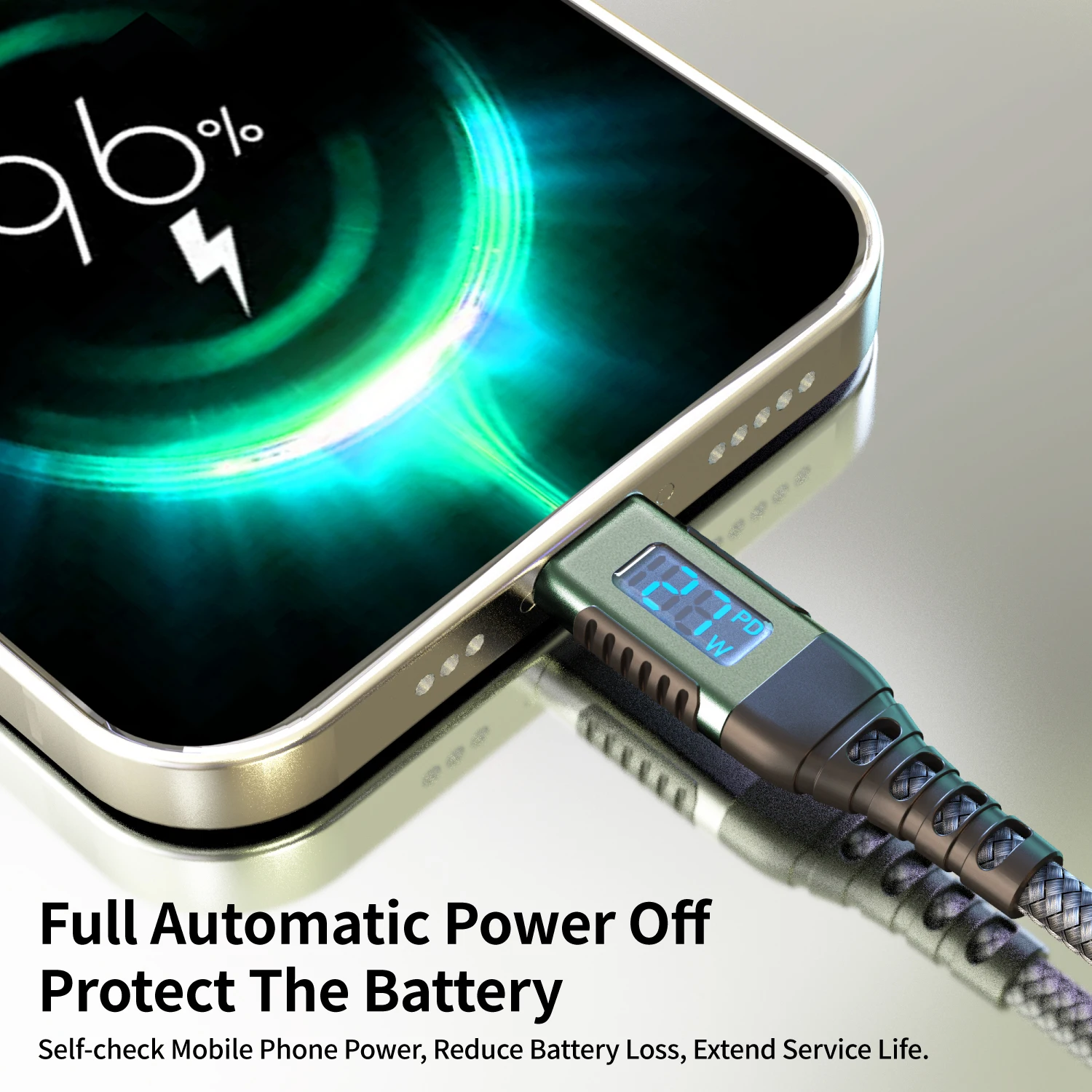 Kabel USB-C do Lightning PD 27W z szybkim ładowaniem i wyświetlaczem LED, linka do transmisji danych dla iPhone'a 14-8 z inteligentnym wyświetlaczem mocy