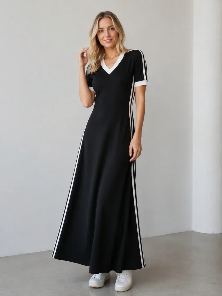 Dress Women Side-striped Long Style Y2k Tunic V-neck Korean All-match Short Sleeve Leisure Harajuku Fashion Design Summer A-line