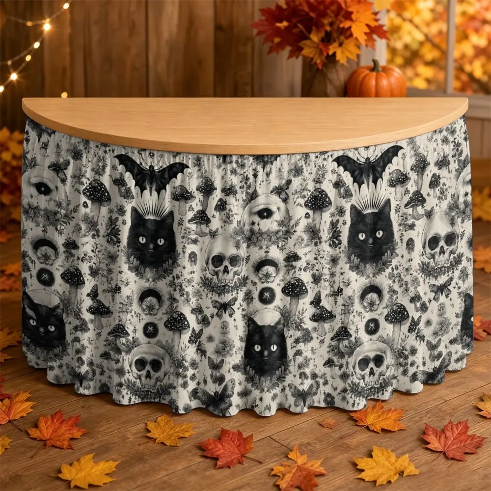 1 piece of Halloween party table skirt with gothic-style cat skull and mushroom pattern for quick installation