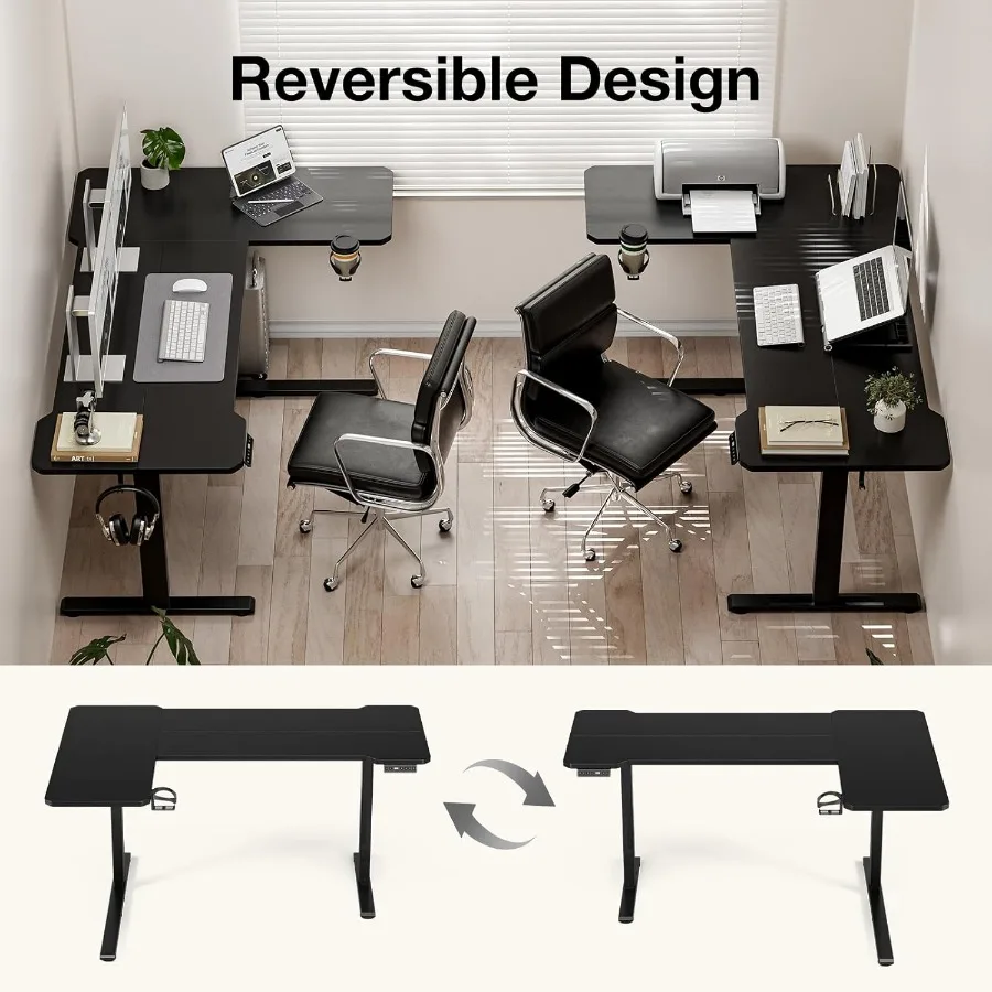 مكتب قائم بارتفاع قابل للتعديل على شكل حرف L مقاس 59 بوصة للمكتب المنزلي وإعداد الألعاب، طاولة كمبيوتر كهربائية مع عكس