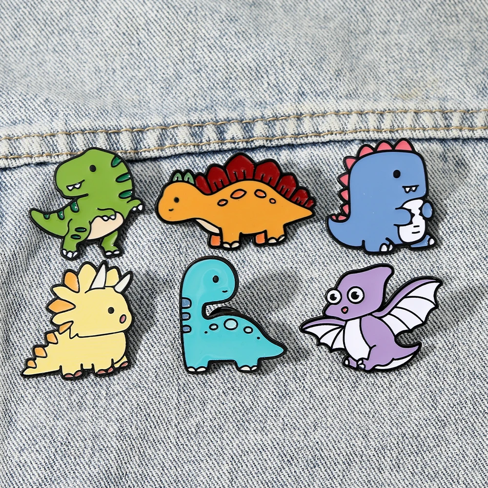 6 Styles Anime Cartoon Dinosaur Theme Girls Enamel Pins Cute Brontosaurus Tyrannosaurus Rex Pterosaur Stegosaur Shaped Brooches