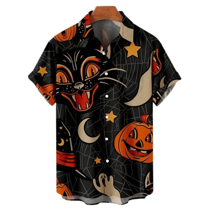 Men's Summer Halloween Pumpkin Theme Style Personality Hawaiian Short Sleeve Shirt Harajuku Elegant Dry Fit Y2k Goth Clothing